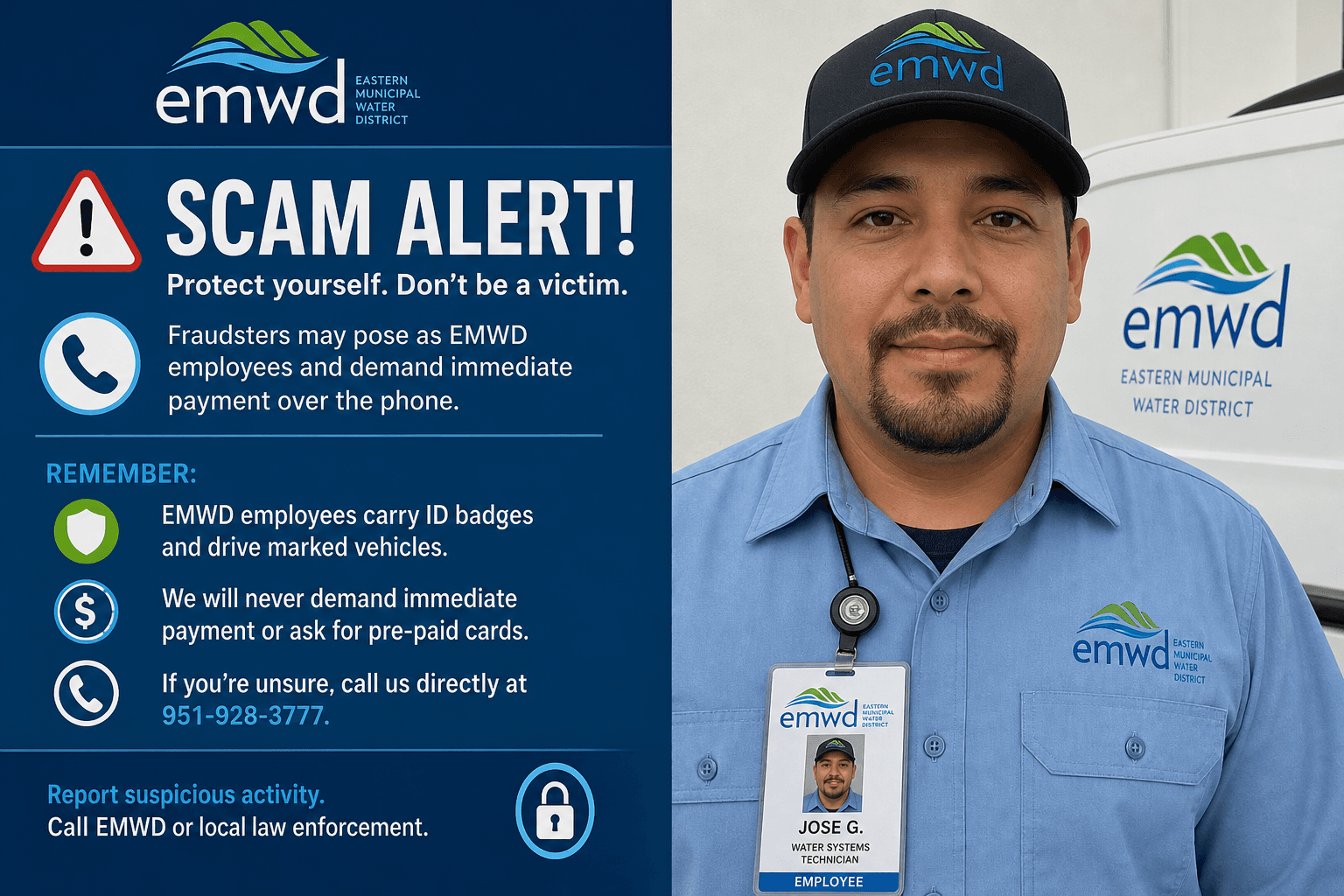 EMWD scam-alert graphic beside a photo of a uniformed EMWD employee wearing an ID badge in front of a branded vehicle.