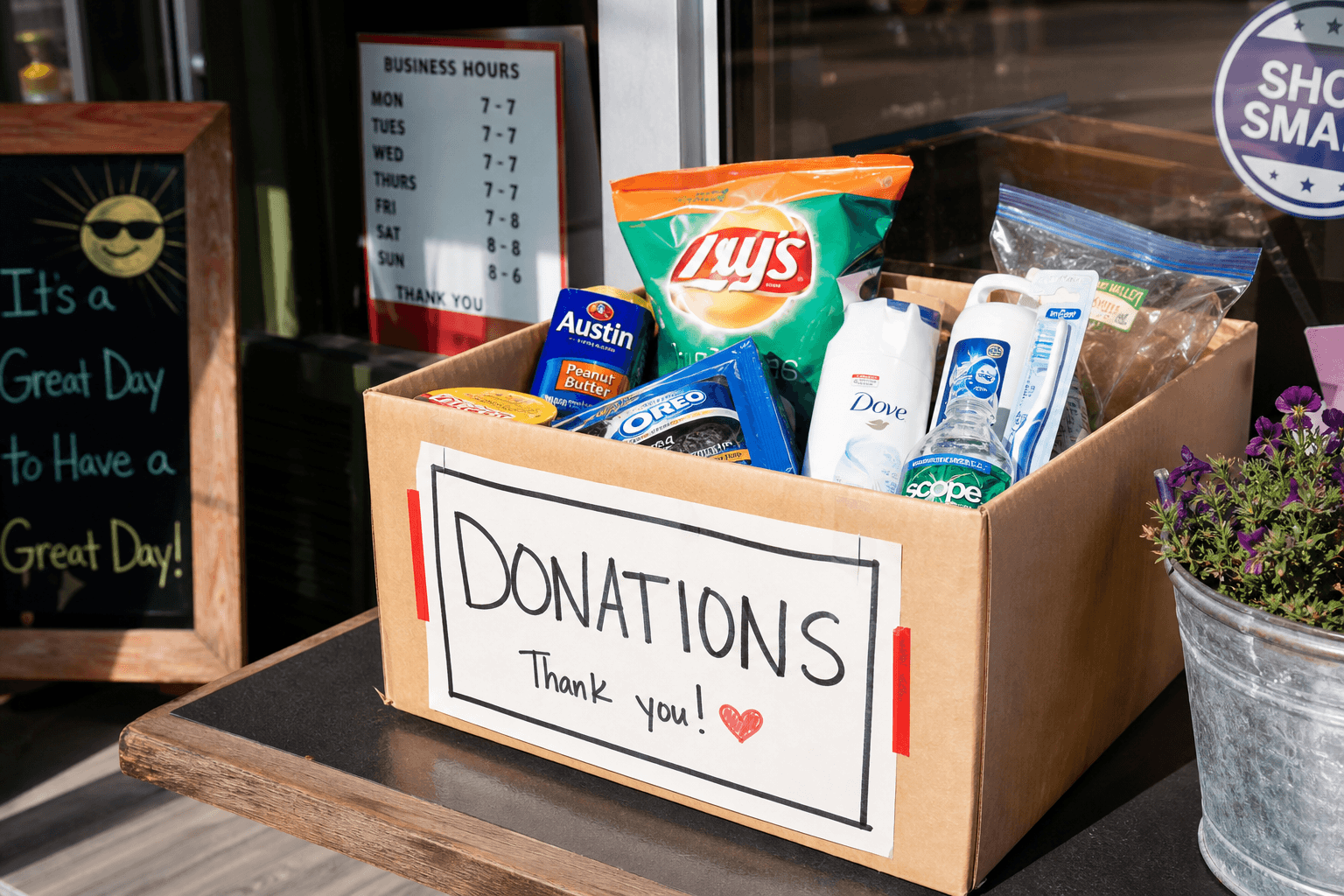 A cardboard donation box on a storefront counter filled with snacks and toiletries.