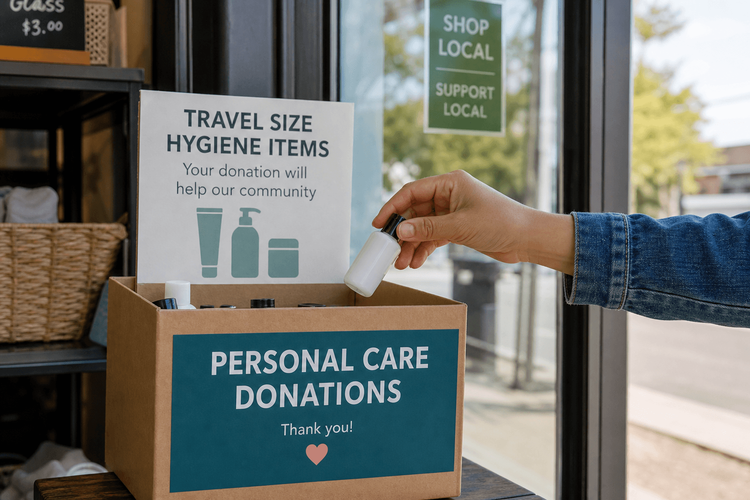 A hand placing a hygiene item into a donation box on a shop counter.