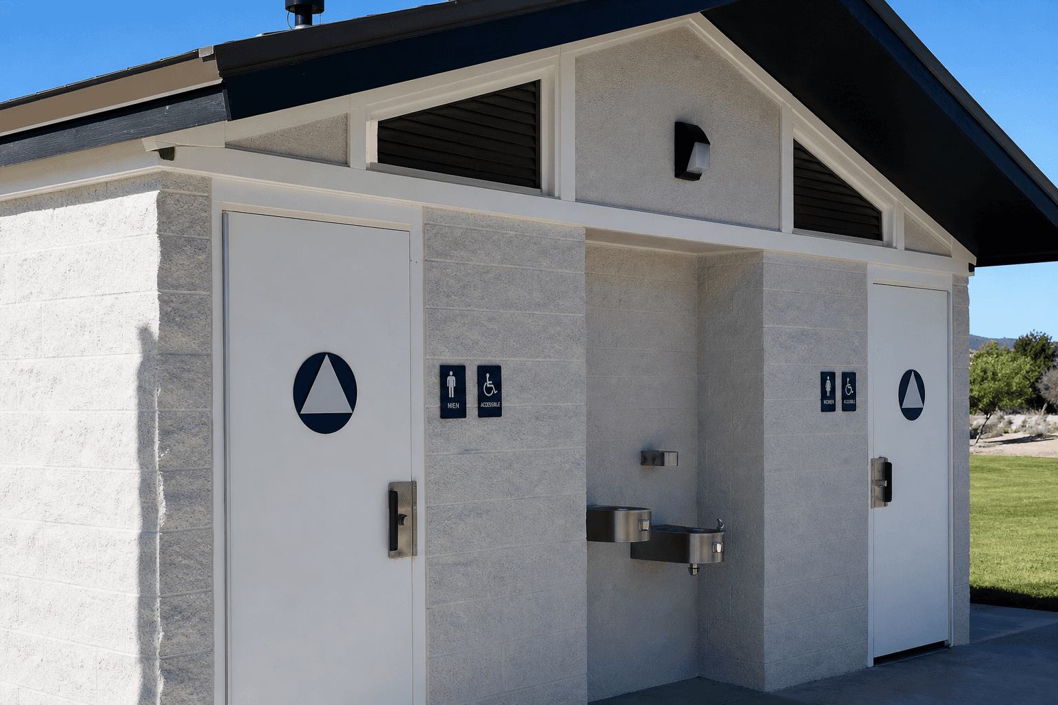 Detail of the new restroom building entry: two doors, signage, and stainless drinking fountains on level concrete.