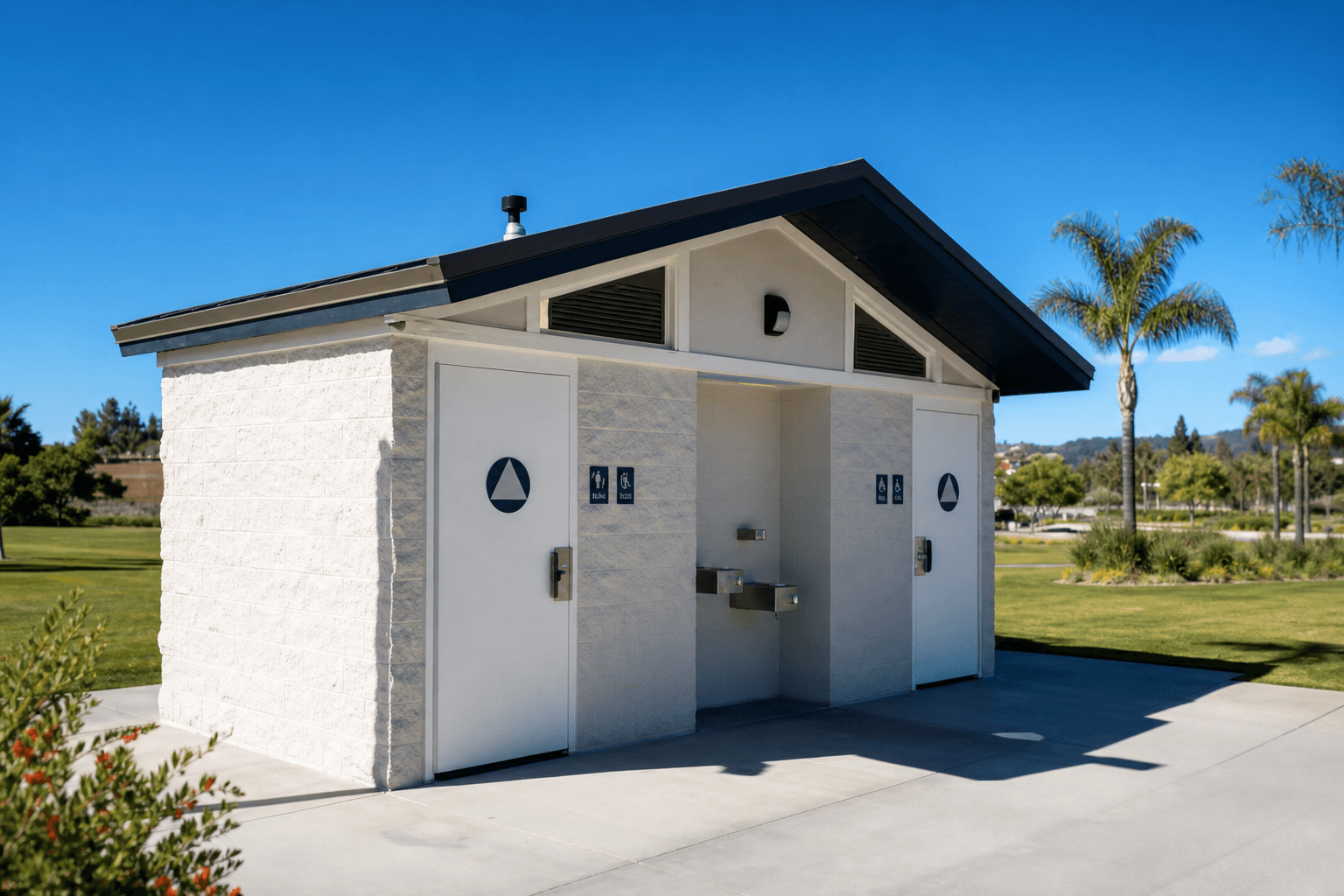One of Temecula's new park restroom buildings: white block walls, gabled roof, and a drinking-fountain alcove.
