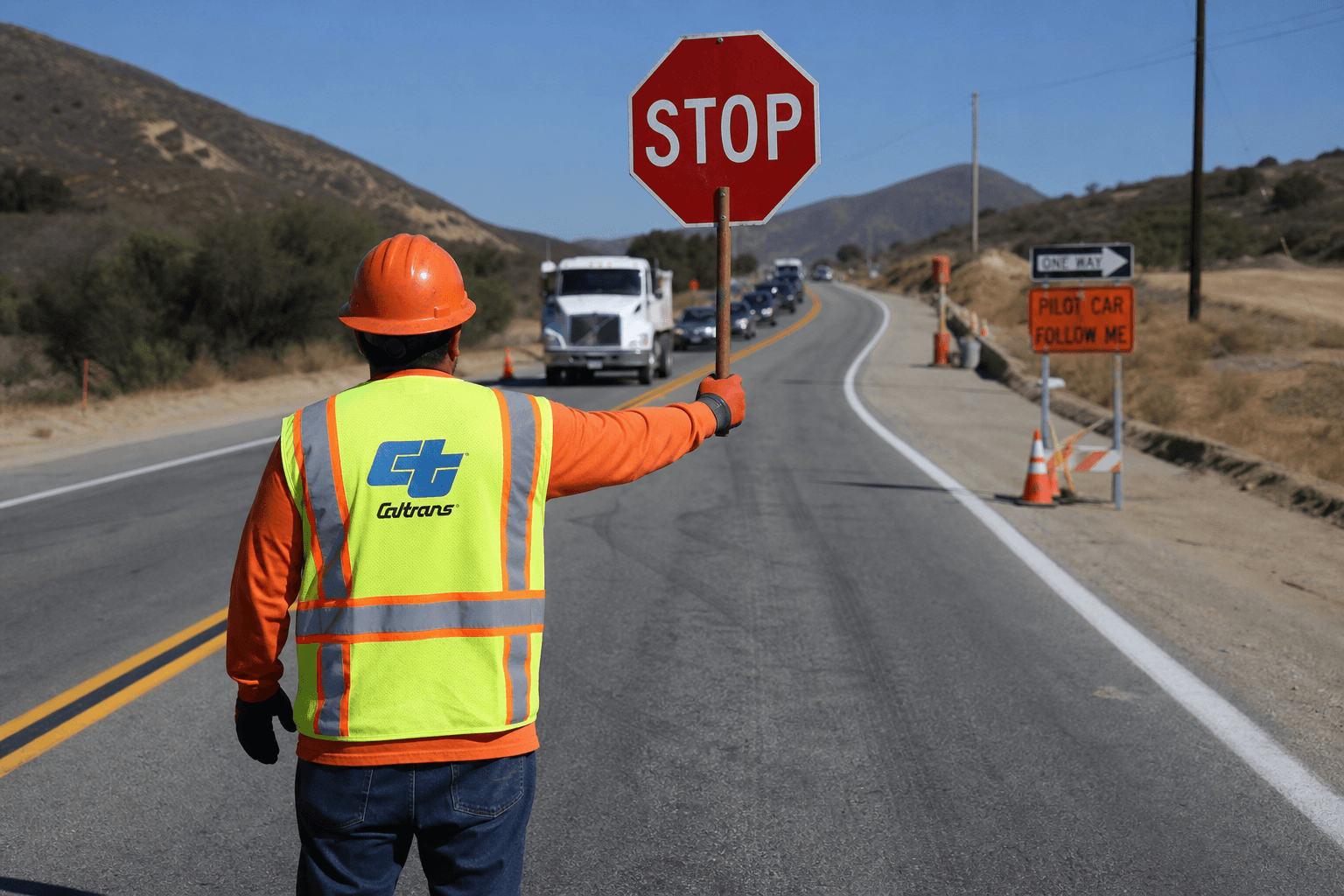 Caltrans flagger holding a stop sign on SR-79 near Aguanga during weekday shoulder-widening construction work.