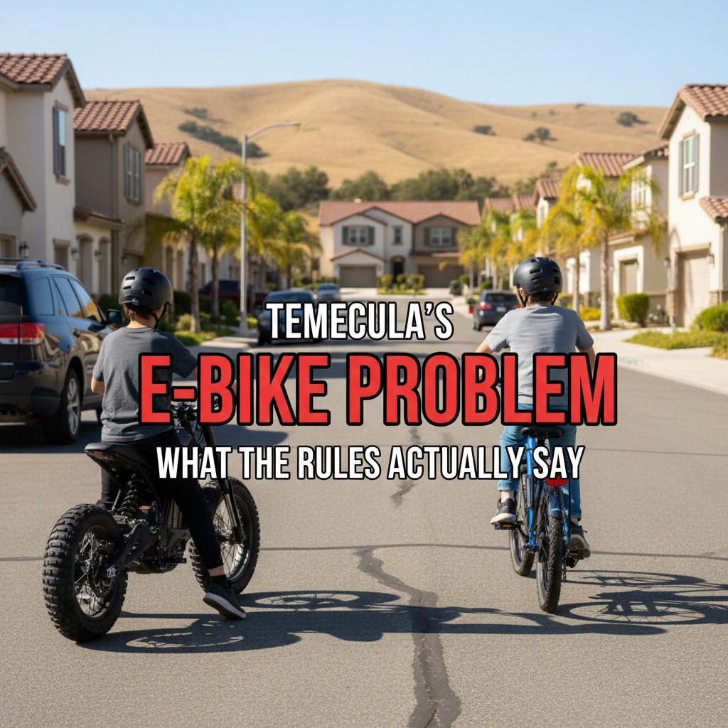 Two Temecula kids on e-bikes riding down a suburban street — one on a pedal-assist Class 1/2 bike, the other on a pedal-less Sur-ron-style e-motorcycle. Headline overlay: 'Temecula's E-Bike Problem — What the Rules Actually Say.'